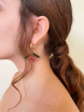 Load image into Gallery viewer, Gold hoop earrings with a handmade glass grape charm. The perfect gift for women who love colorful jewelry.