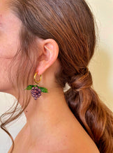 Load image into Gallery viewer, Cute gold plated hoop earrings with a handmade glass grape charm. The perfect gift for the colorful food  jewelry lovers.